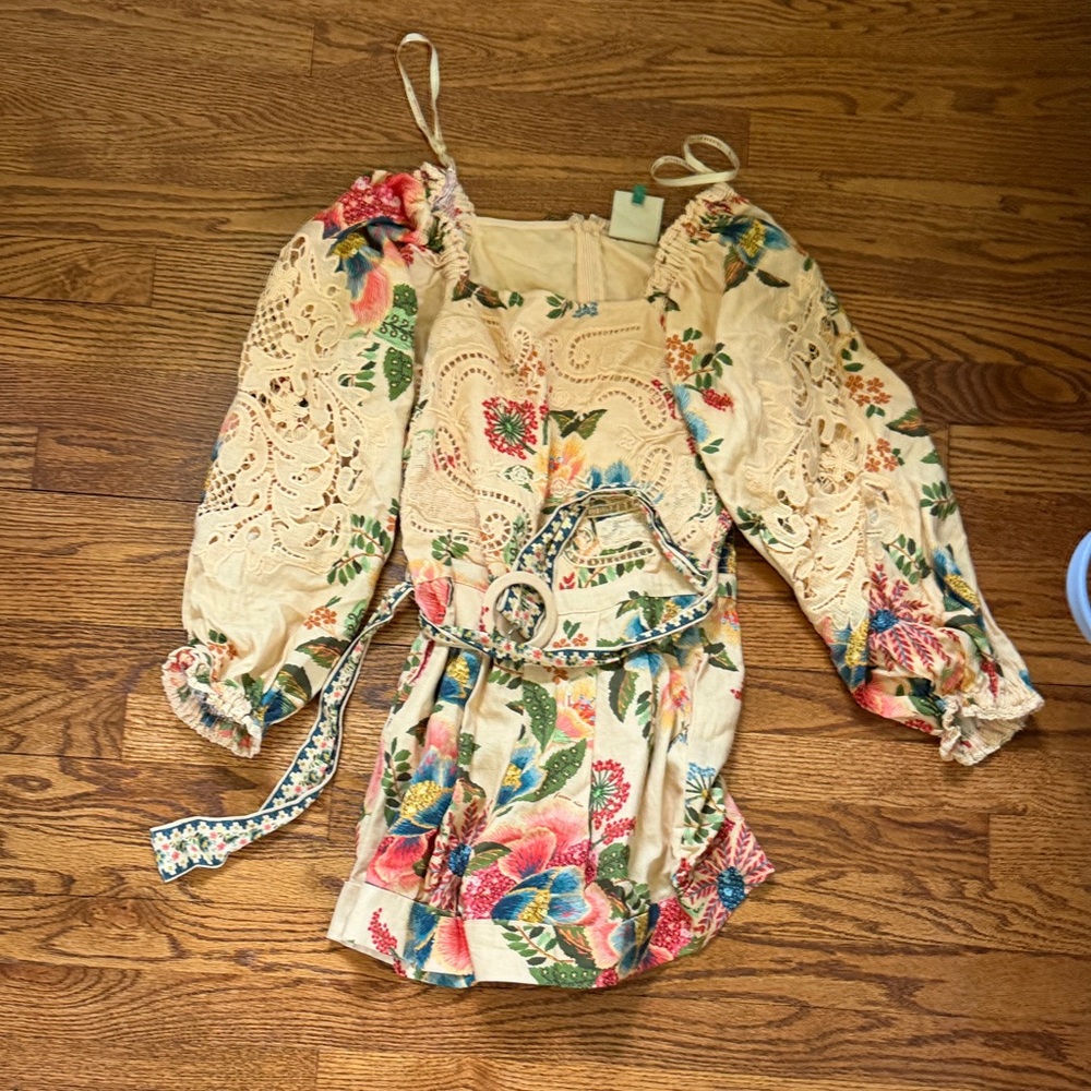 Girls Cream Floral Lace Puff-Sleeve Dress with Belt